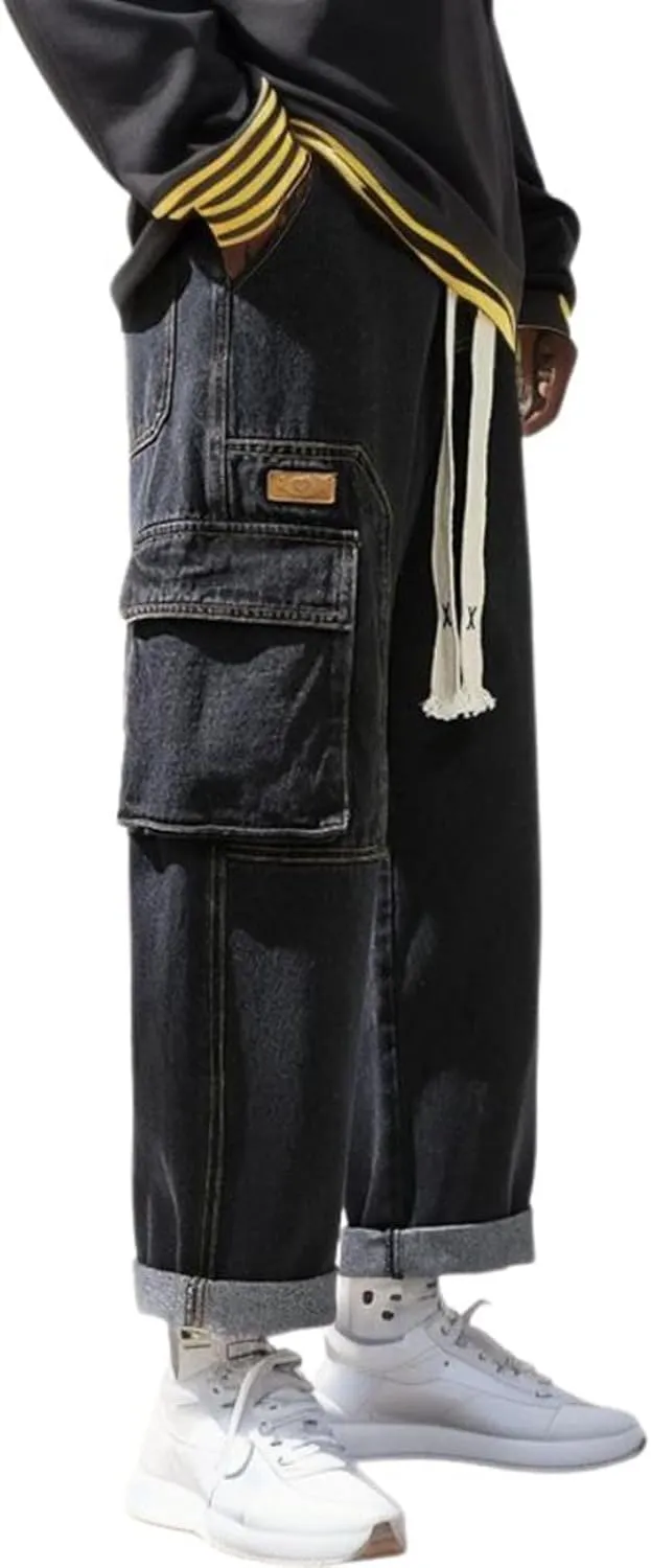2023 Men's Cargo Jeans Loose Fit Hip Hop Denim Pants Stylish Casual Loose Work Jean Pants Streetwear Straight Fit Jeans
