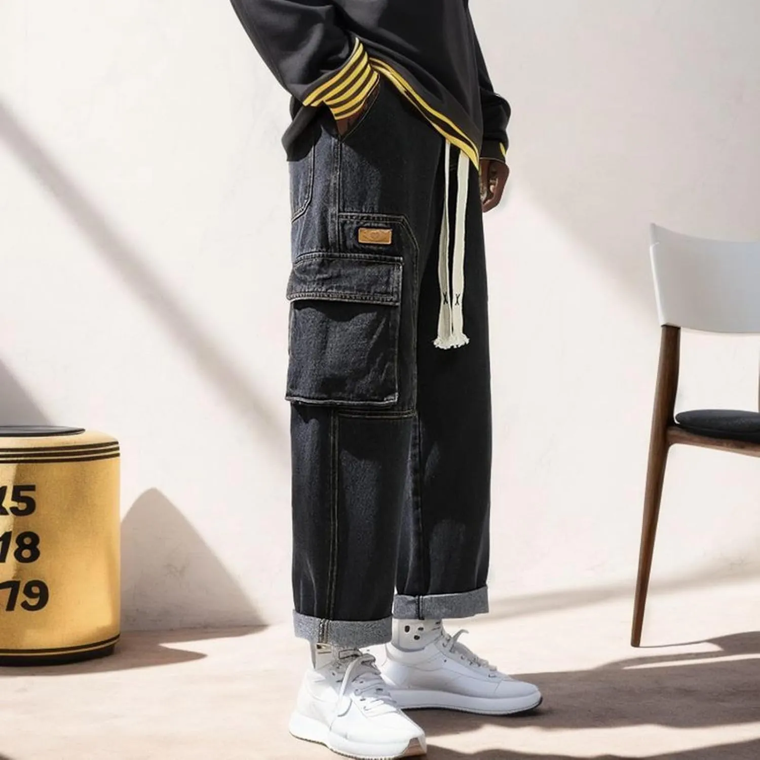 2023 Men's Cargo Jeans Loose Fit Hip Hop Denim Pants Stylish Casual Loose Work Jean Pants Streetwear Straight Fit Jeans