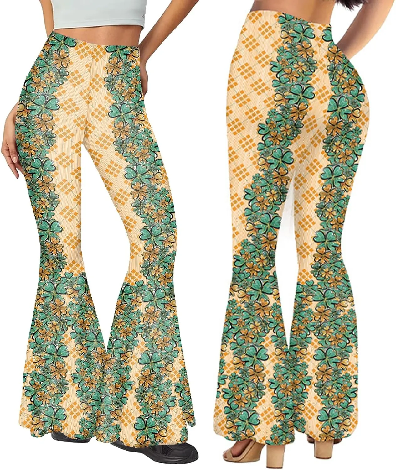 Awoscut Women's High Waist Flare Pants Ethnic Style Floral Print Y2k Pants Slim Trousers Spring Summer Casual Bottoms