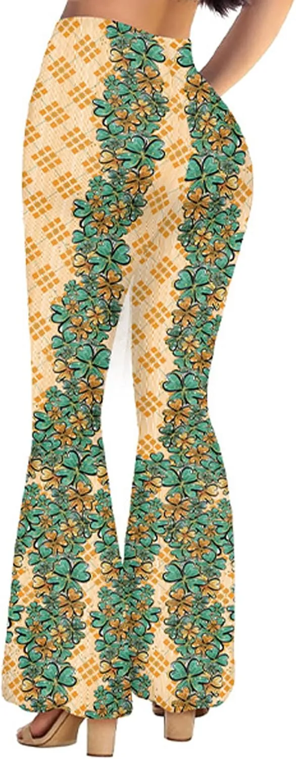 Awoscut Women's High Waist Flare Pants Ethnic Style Floral Print Y2k Pants Slim Trousers Spring Summer Casual Bottoms