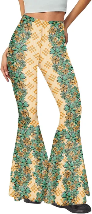 Awoscut Women's High Waist Flare Pants Ethnic Style Floral Print Y2k Pants Slim Trousers Spring Summer Casual Bottoms