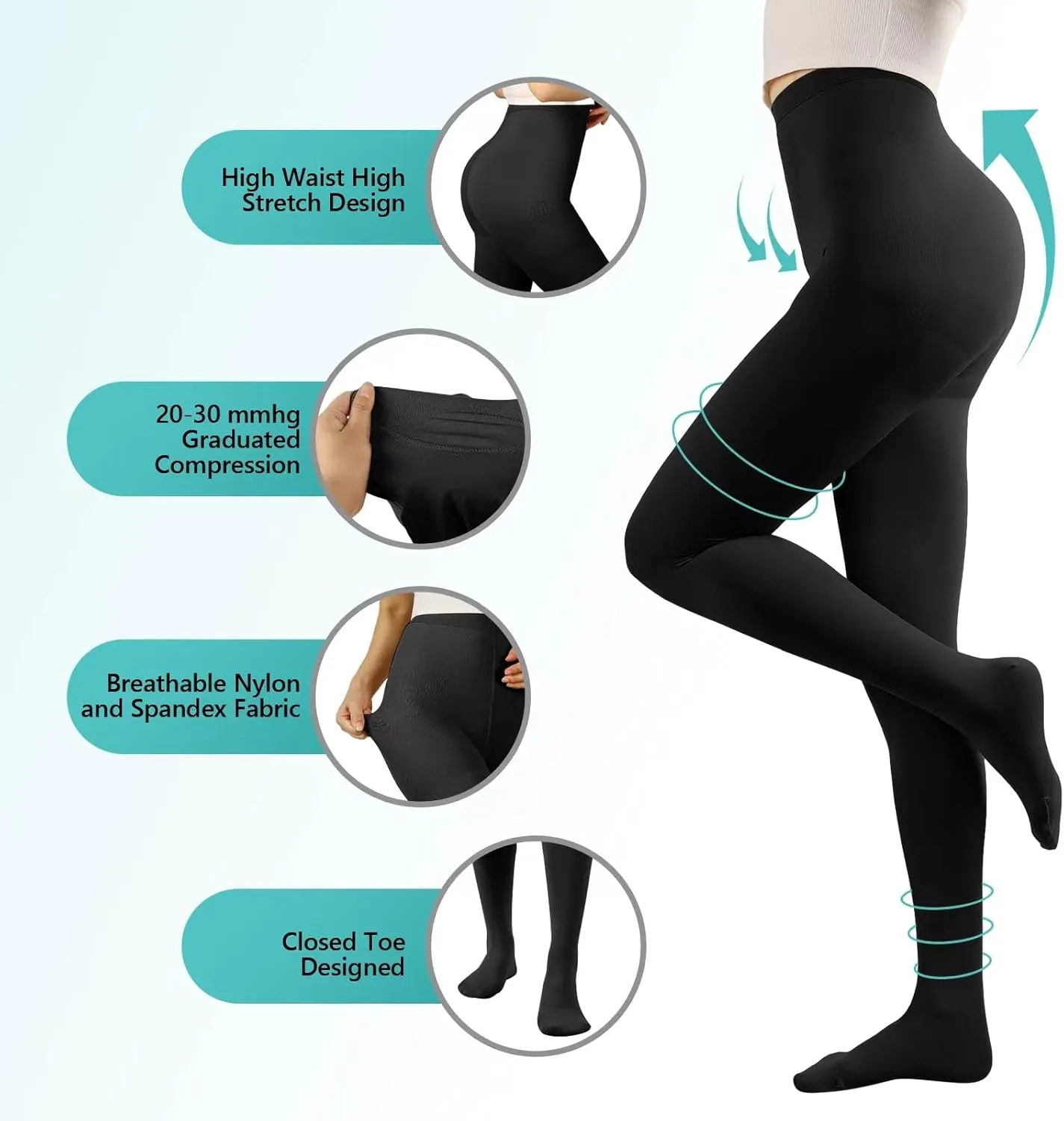 Compression Pantyhose for Women, 20-30mmHg Graduated Compression Stockings & Leggings, Closed Toe Support Hose Tights