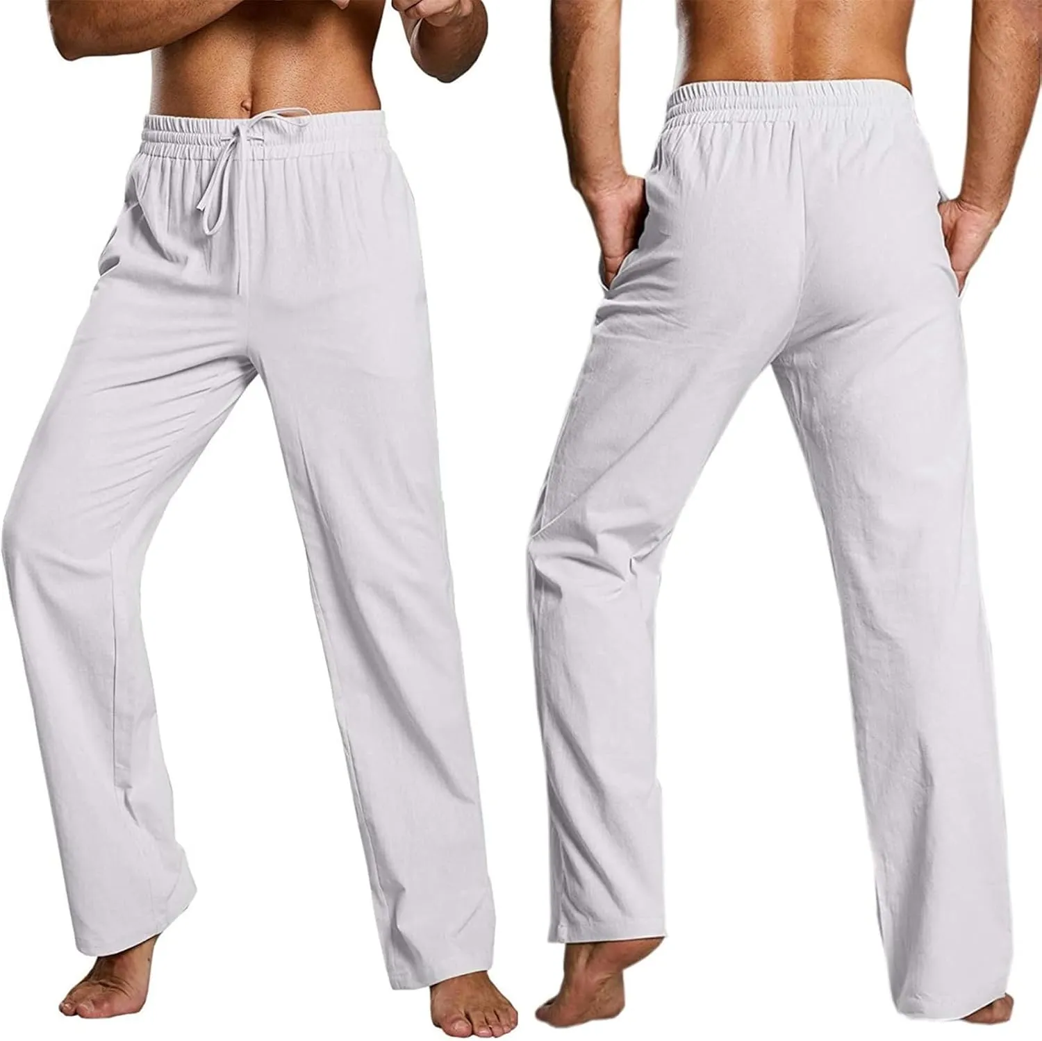 evzosrz Mens Casual Linen Pants Drawstring Elastic Waist Loose Fit Trousers Straight-Legs Yoga Beach Jogger Gym Sweatpants