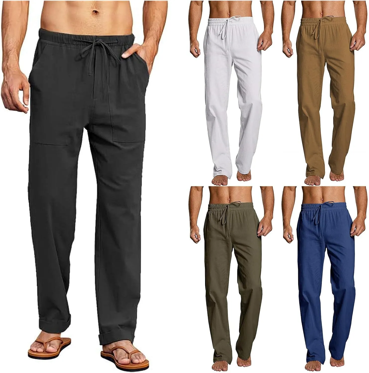 evzosrz Mens Casual Linen Pants Drawstring Elastic Waist Loose Fit Trousers Straight-Legs Yoga Beach Jogger Gym Sweatpants