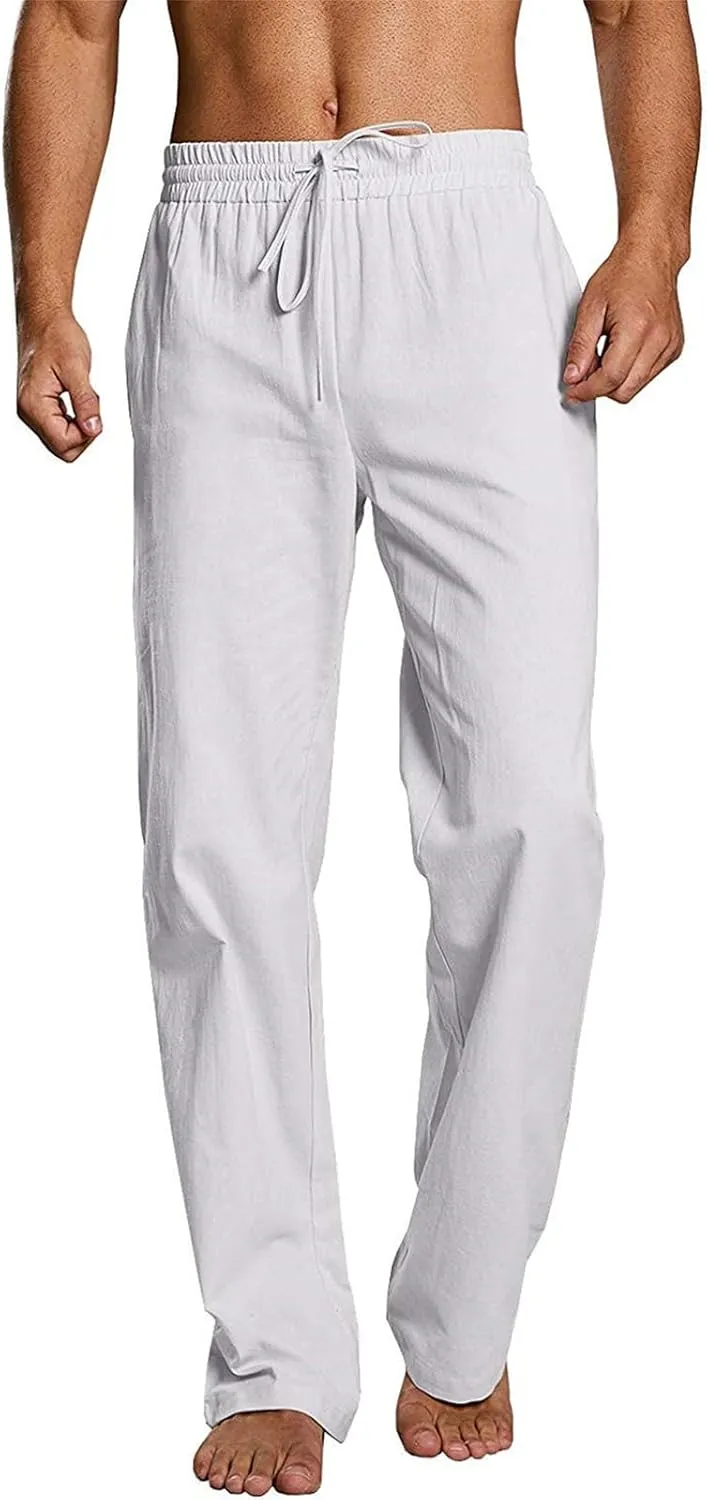 evzosrz Mens Casual Linen Pants Drawstring Elastic Waist Loose Fit Trousers Straight-Legs Yoga Beach Jogger Gym Sweatpants