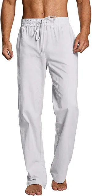 evzosrz Mens Casual Linen Pants Drawstring Elastic Waist Loose Fit Trousers Straight-Legs Yoga Beach Jogger Gym Sweatpants