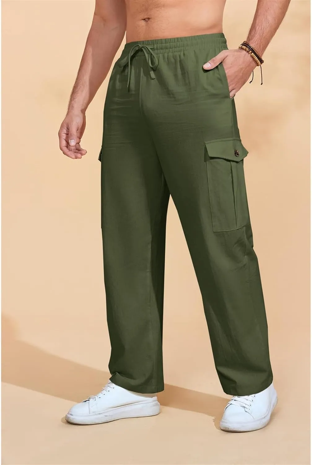 evzosrz Mens Casual Yoga Pants Elastic Waist Drawstring Trousers Casual Fall Beach Cargo Pant with Pockets