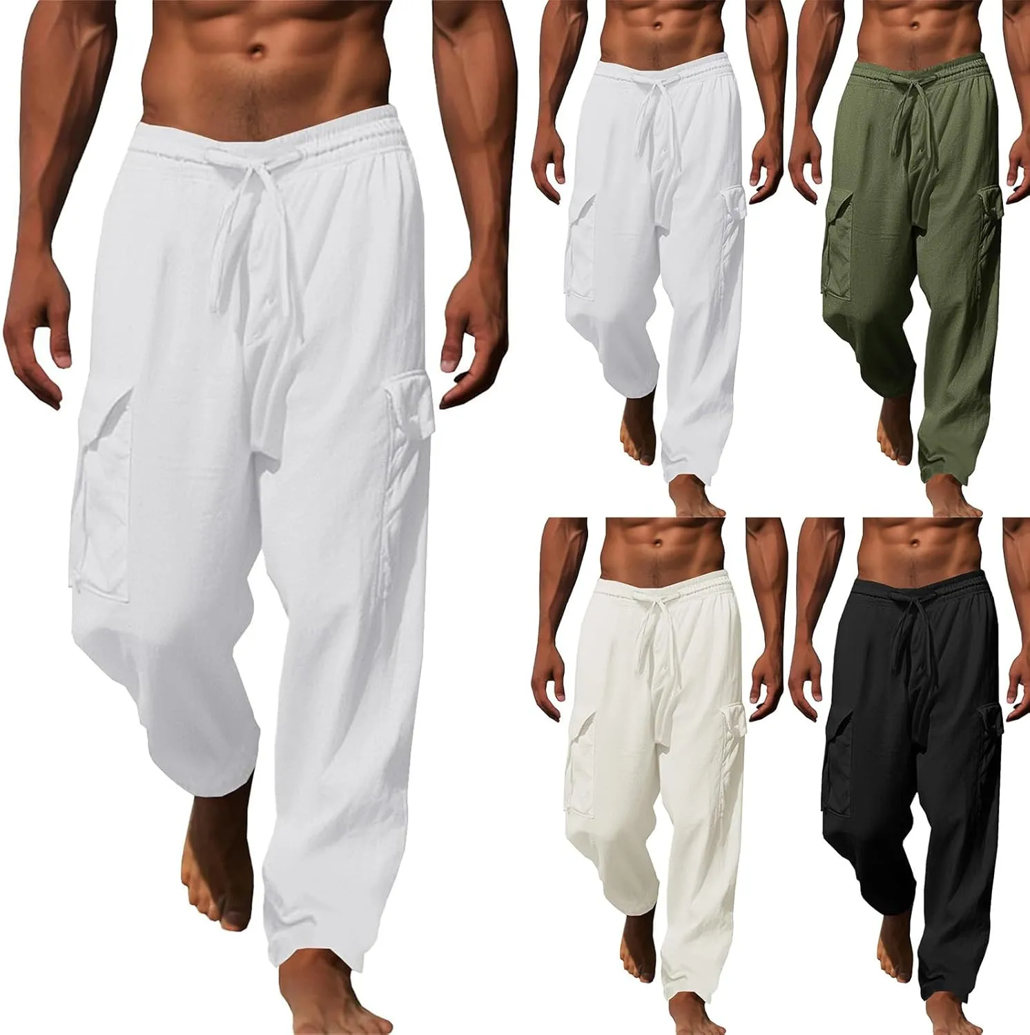 evzosrz Mens Casual Yoga Pants Elastic Waist Drawstring Trousers Casual Fall Beach Cargo Pant with Pockets