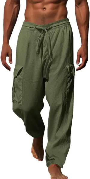 evzosrz Mens Casual Yoga Pants Elastic Waist Drawstring Trousers Casual Fall Beach Cargo Pant with Pockets