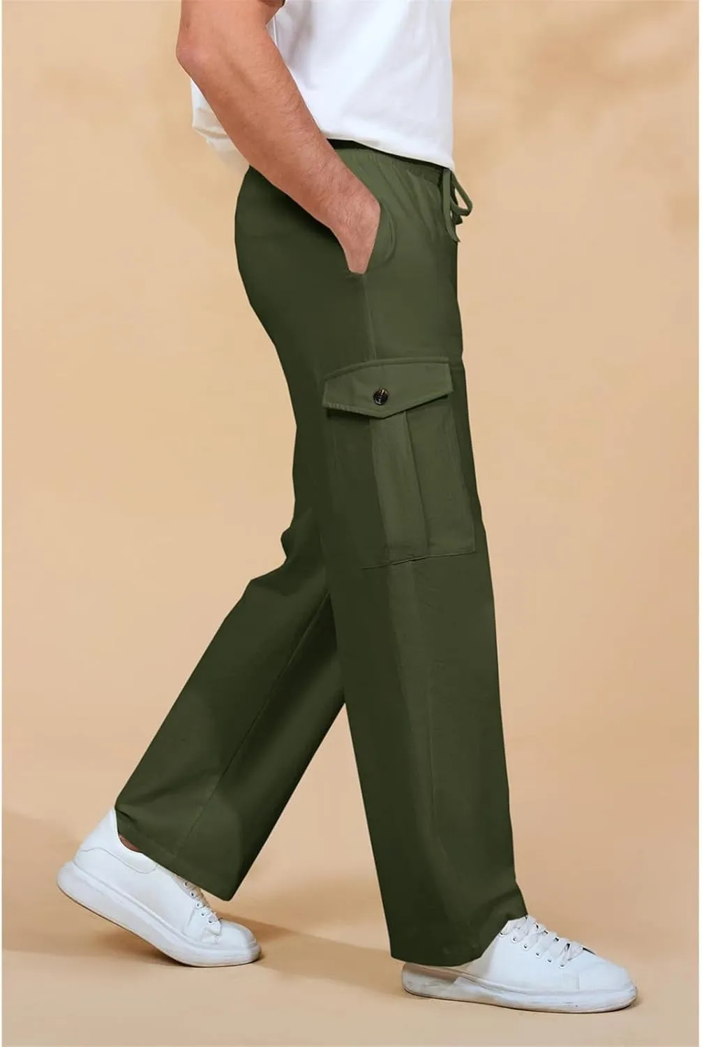 evzosrz Mens Casual Yoga Pants Elastic Waist Drawstring Trousers Casual Fall Beach Cargo Pant with Pockets