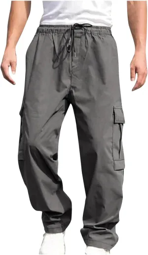 hlysgo Men's Cargo Pants High Waisted Drawstring Wide Leg Straight Pants Casual Loose Fit Cotton Hiking Pants with Pockets
