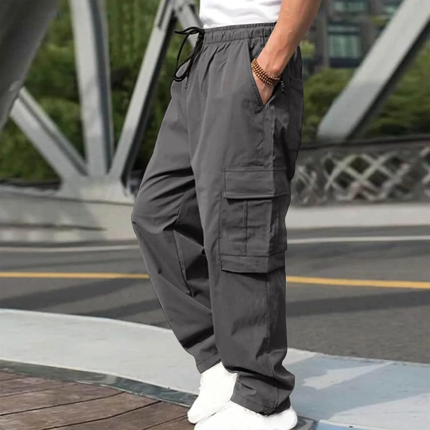 hlysgo Men's Cargo Pants High Waisted Drawstring Wide Leg Straight Pants Casual Loose Fit Cotton Hiking Pants with Pockets