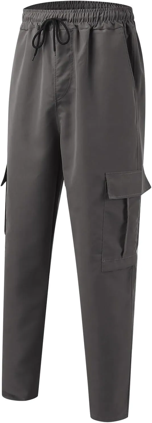 hlysgo Men's Cargo Pants High Waisted Drawstring Wide Leg Straight Pants Casual Loose Fit Cotton Hiking Pants with Pockets