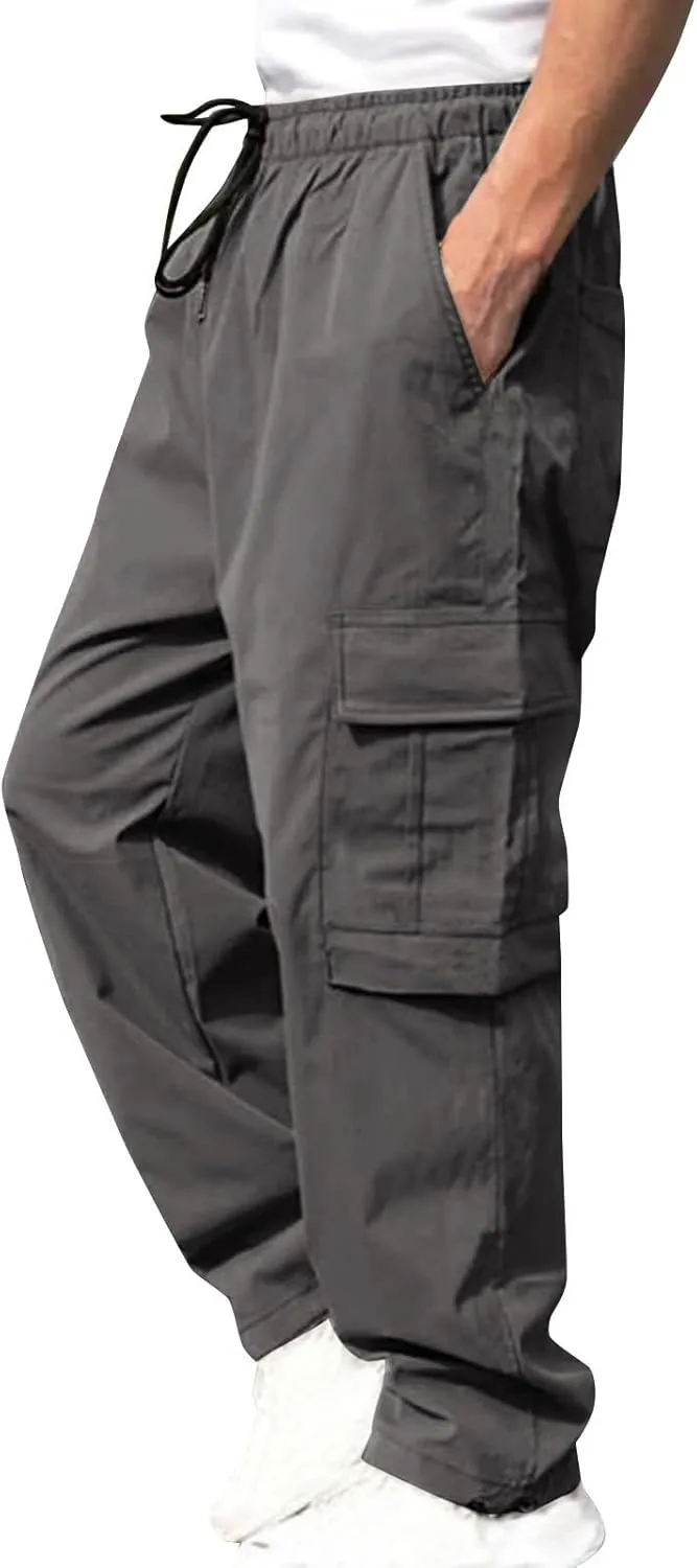 hlysgo Men's Cargo Pants High Waisted Drawstring Wide Leg Straight Pants Casual Loose Fit Cotton Hiking Pants with Pockets