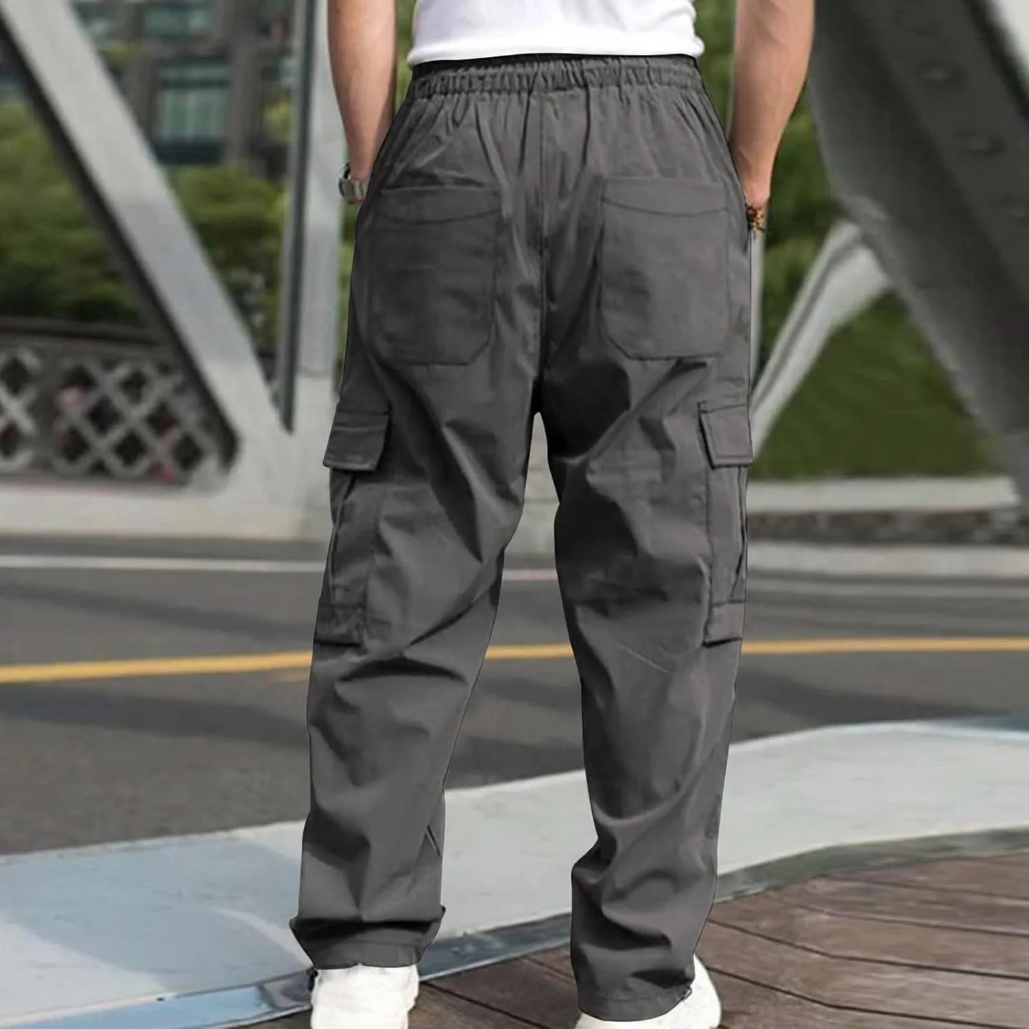 hlysgo Men's Cargo Pants High Waisted Drawstring Wide Leg Straight Pants Casual Loose Fit Cotton Hiking Pants with Pockets
