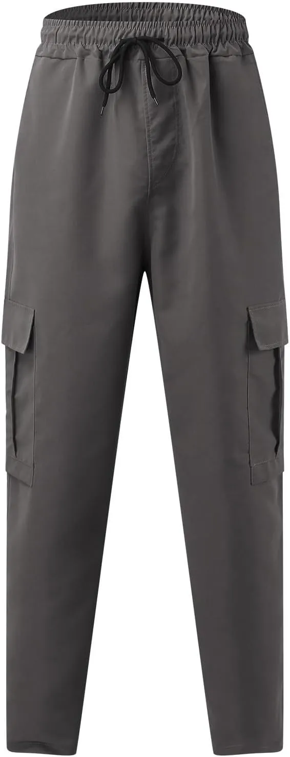 hlysgo Men's Cargo Pants High Waisted Drawstring Wide Leg Straight Pants Casual Loose Fit Cotton Hiking Pants with Pockets