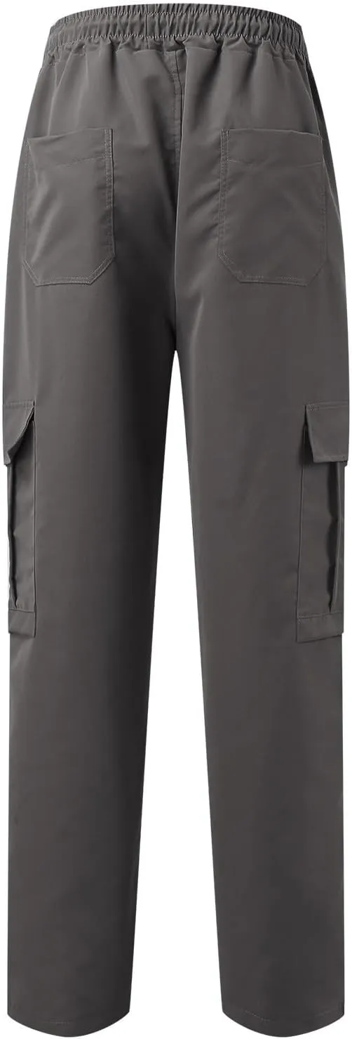 hlysgo Men's Cargo Pants High Waisted Drawstring Wide Leg Straight Pants Casual Loose Fit Cotton Hiking Pants with Pockets