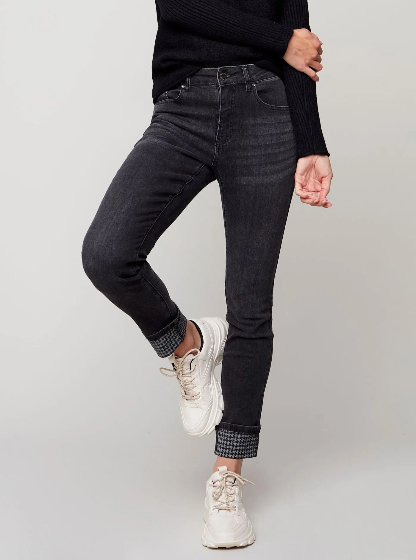 Houndstooth Printed Cuff Pant [Charcoal-C5364]