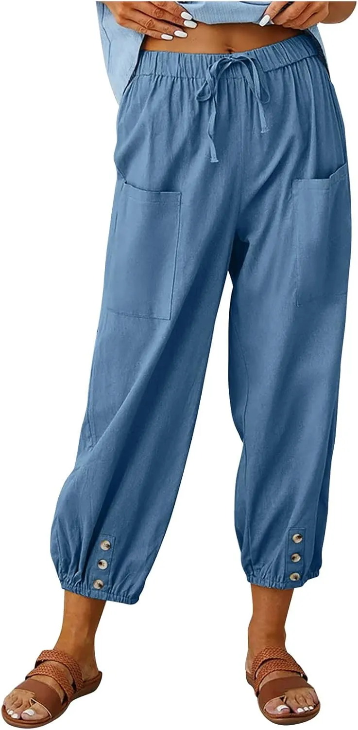 jsaierl Women Cotton Linen Pants High Waisted Drawstring Button Down Wide Leg Pants Casual Summer Trousers with Front Pockets