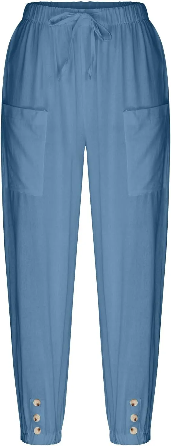 jsaierl Women Cotton Linen Pants High Waisted Drawstring Button Down Wide Leg Pants Casual Summer Trousers with Front Pockets