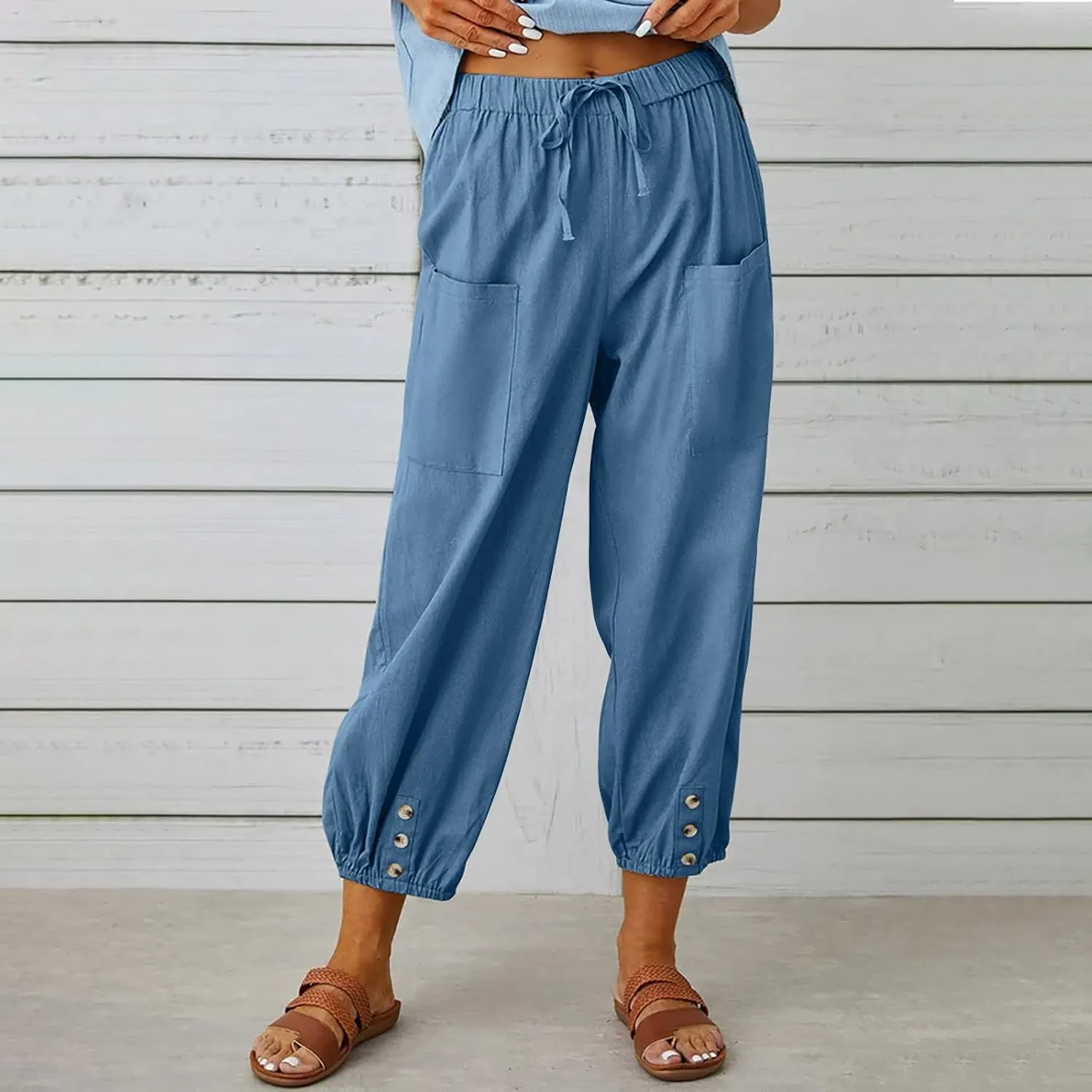 jsaierl Women Cotton Linen Pants High Waisted Drawstring Button Down Wide Leg Pants Casual Summer Trousers with Front Pockets