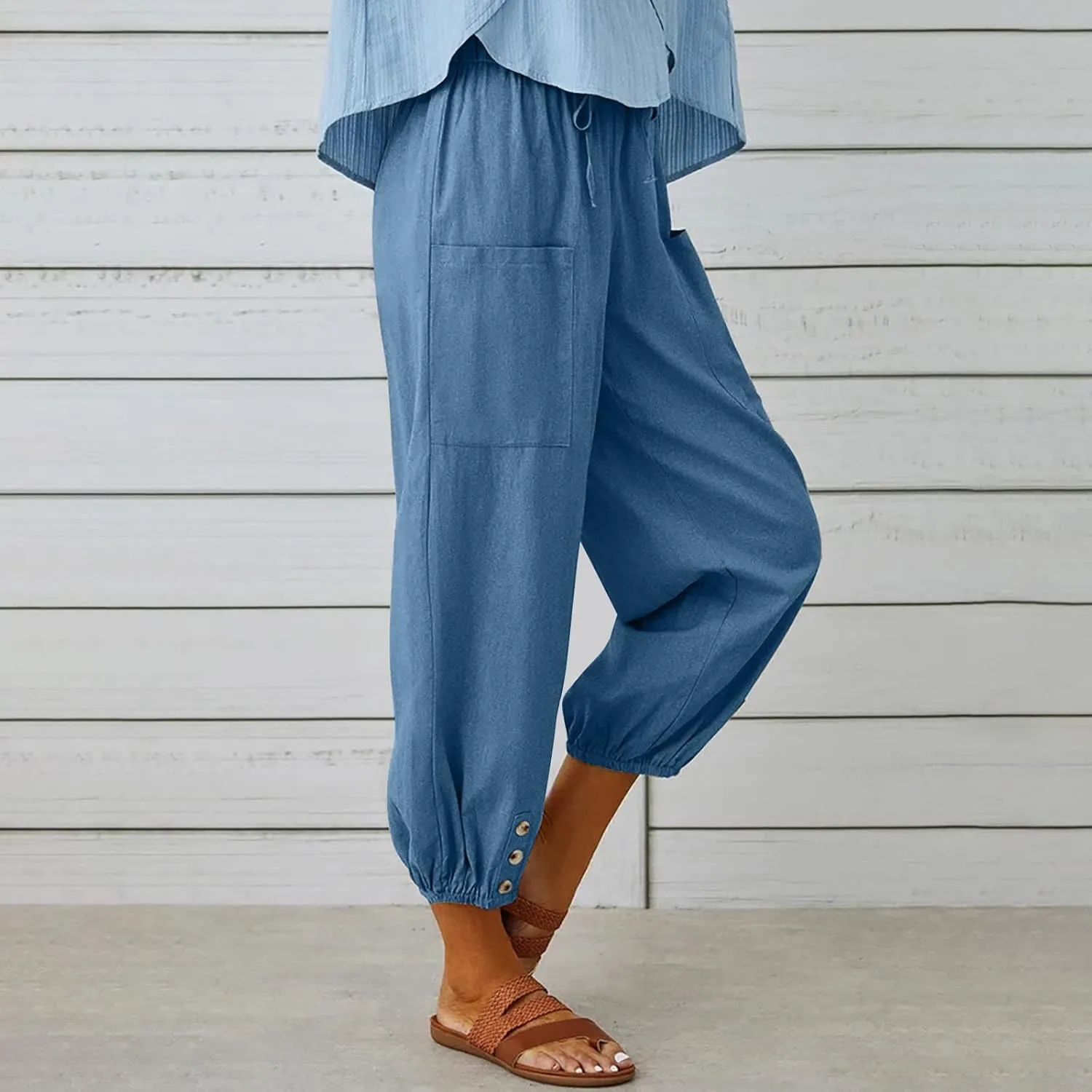 jsaierl Women Cotton Linen Pants High Waisted Drawstring Button Down Wide Leg Pants Casual Summer Trousers with Front Pockets