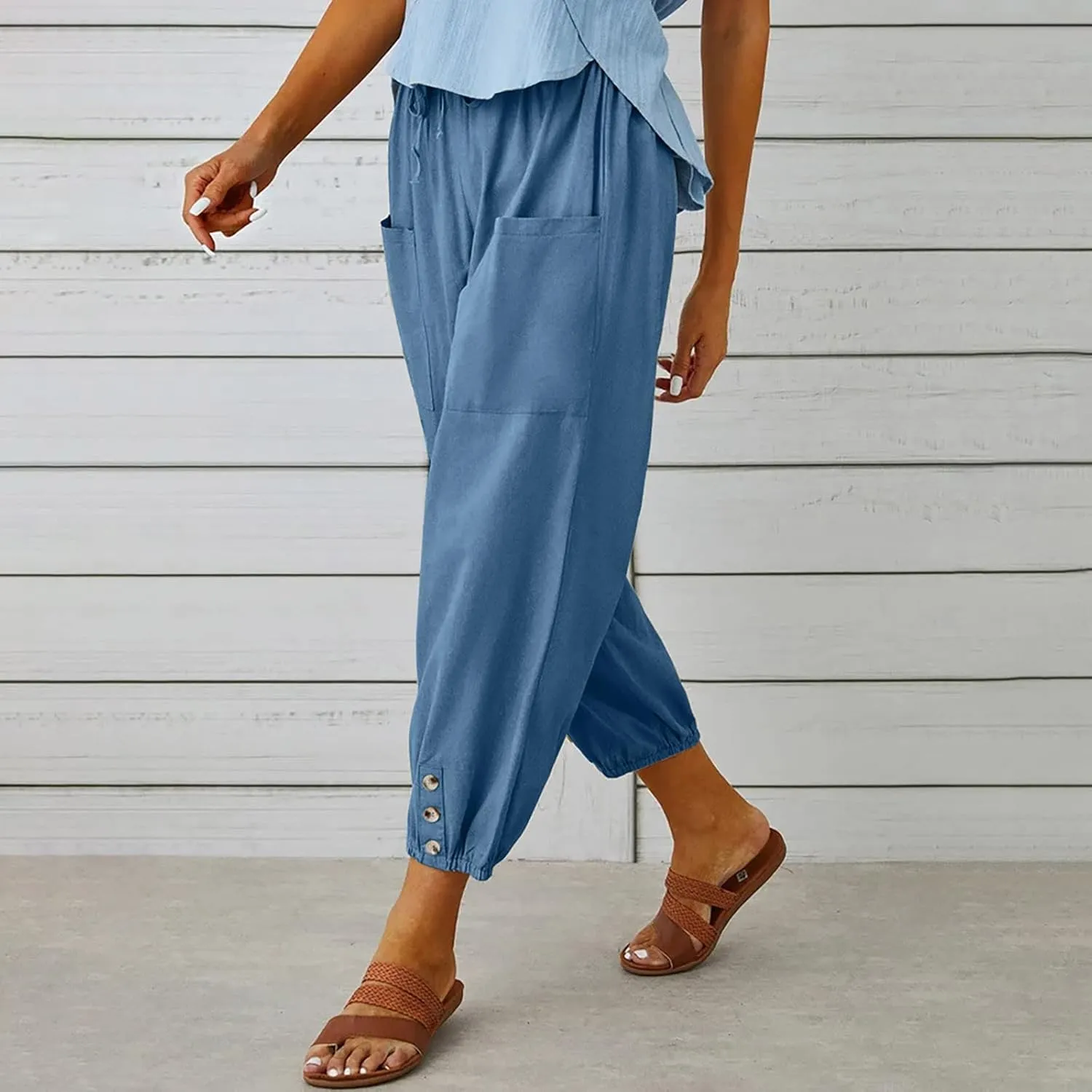 jsaierl Women Cotton Linen Pants High Waisted Drawstring Button Down Wide Leg Pants Casual Summer Trousers with Front Pockets