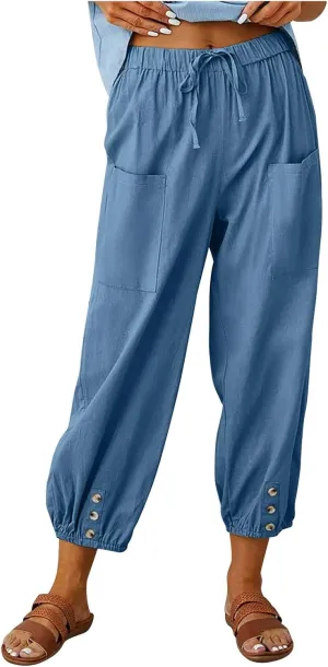 jsaierl Women Cotton Linen Pants High Waisted Drawstring Button Down Wide Leg Pants Casual Summer Trousers with Front Pockets