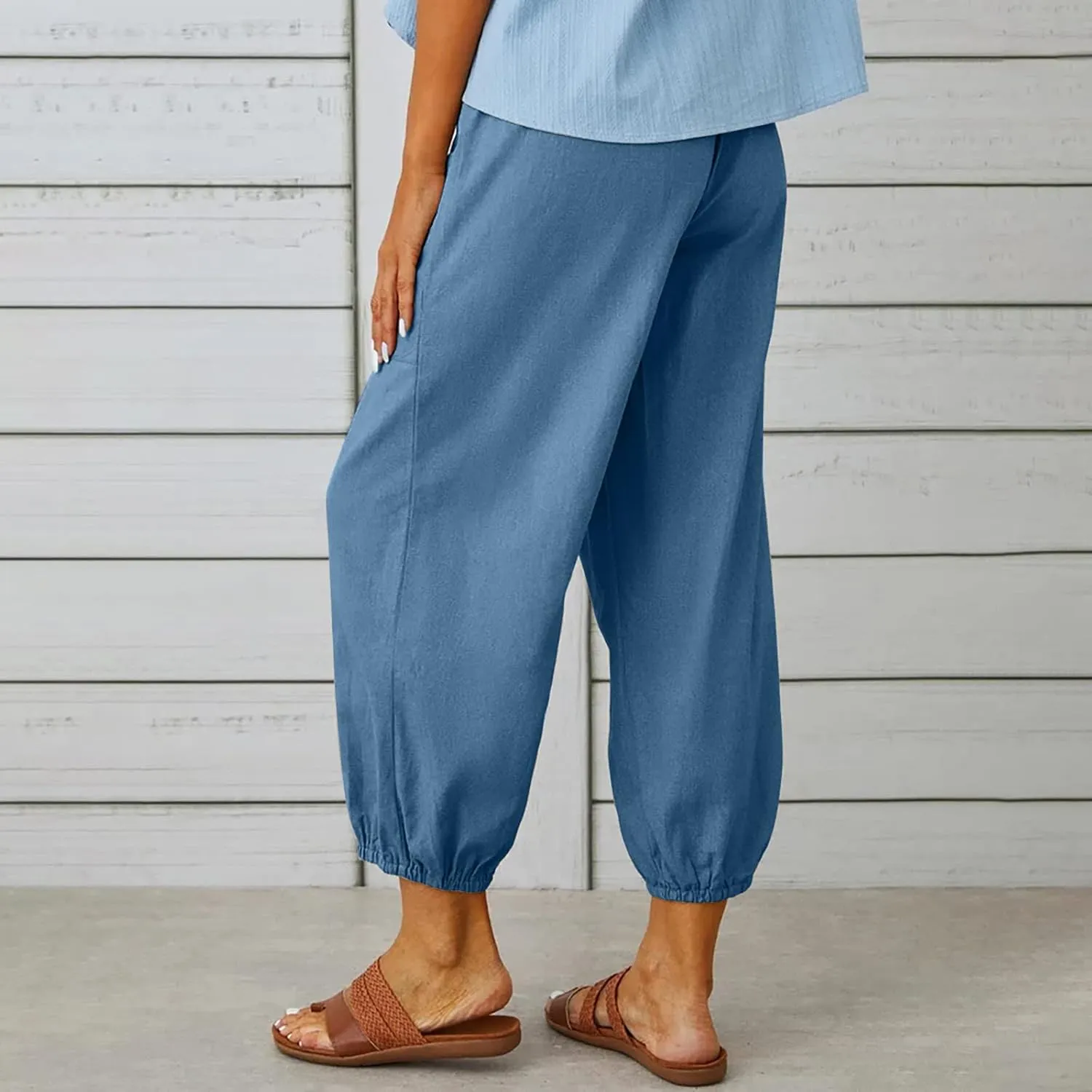 jsaierl Women Cotton Linen Pants High Waisted Drawstring Button Down Wide Leg Pants Casual Summer Trousers with Front Pockets
