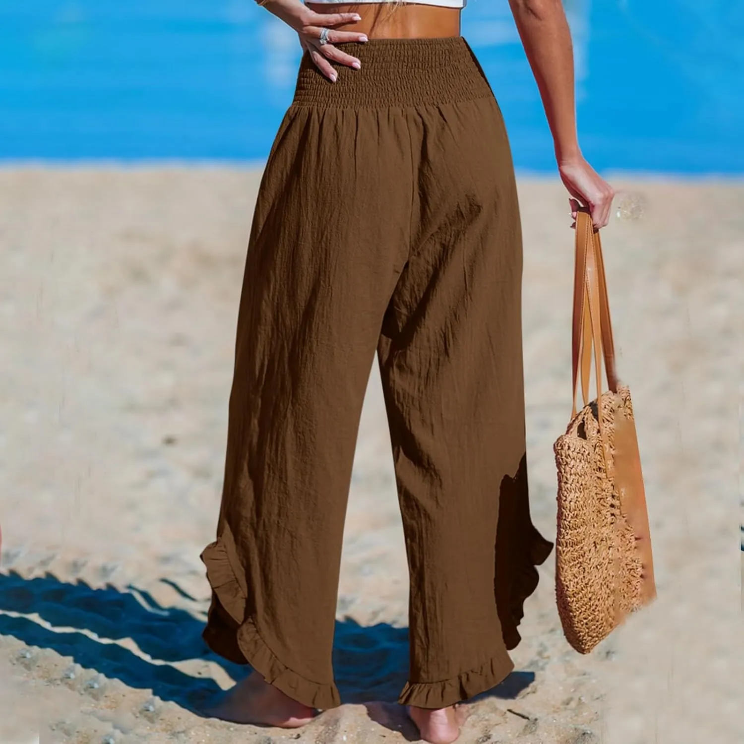 LEMONONSTORE Fashion Women Smocked Paperbag Wide Leg Pants Cute Ruffle Trim Hem Summer Linen Pant Loose Boho Beach Trousers