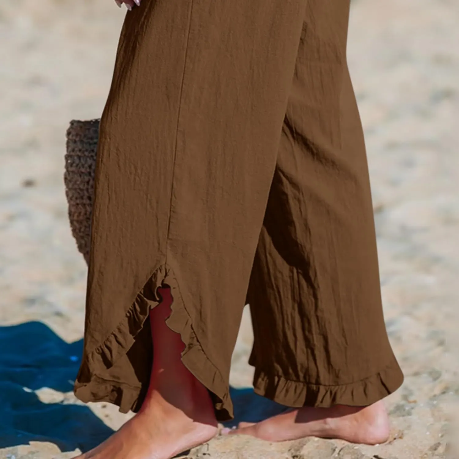 LEMONONSTORE Fashion Women Smocked Paperbag Wide Leg Pants Cute Ruffle Trim Hem Summer Linen Pant Loose Boho Beach Trousers