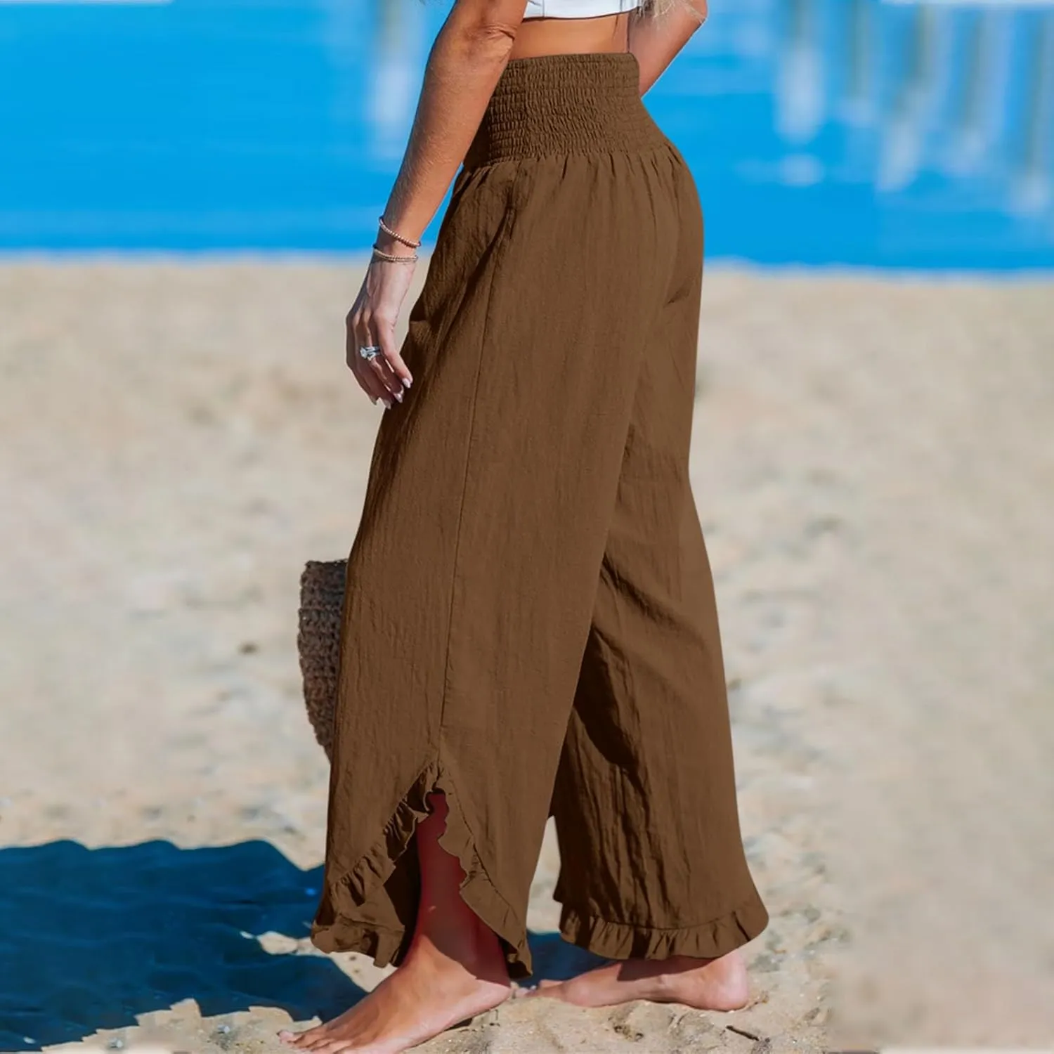 LEMONONSTORE Fashion Women Smocked Paperbag Wide Leg Pants Cute Ruffle Trim Hem Summer Linen Pant Loose Boho Beach Trousers