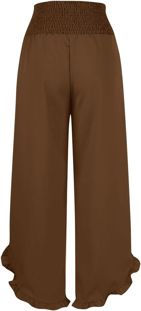 LEMONONSTORE Fashion Women Smocked Paperbag Wide Leg Pants Cute Ruffle Trim Hem Summer Linen Pant Loose Boho Beach Trousers