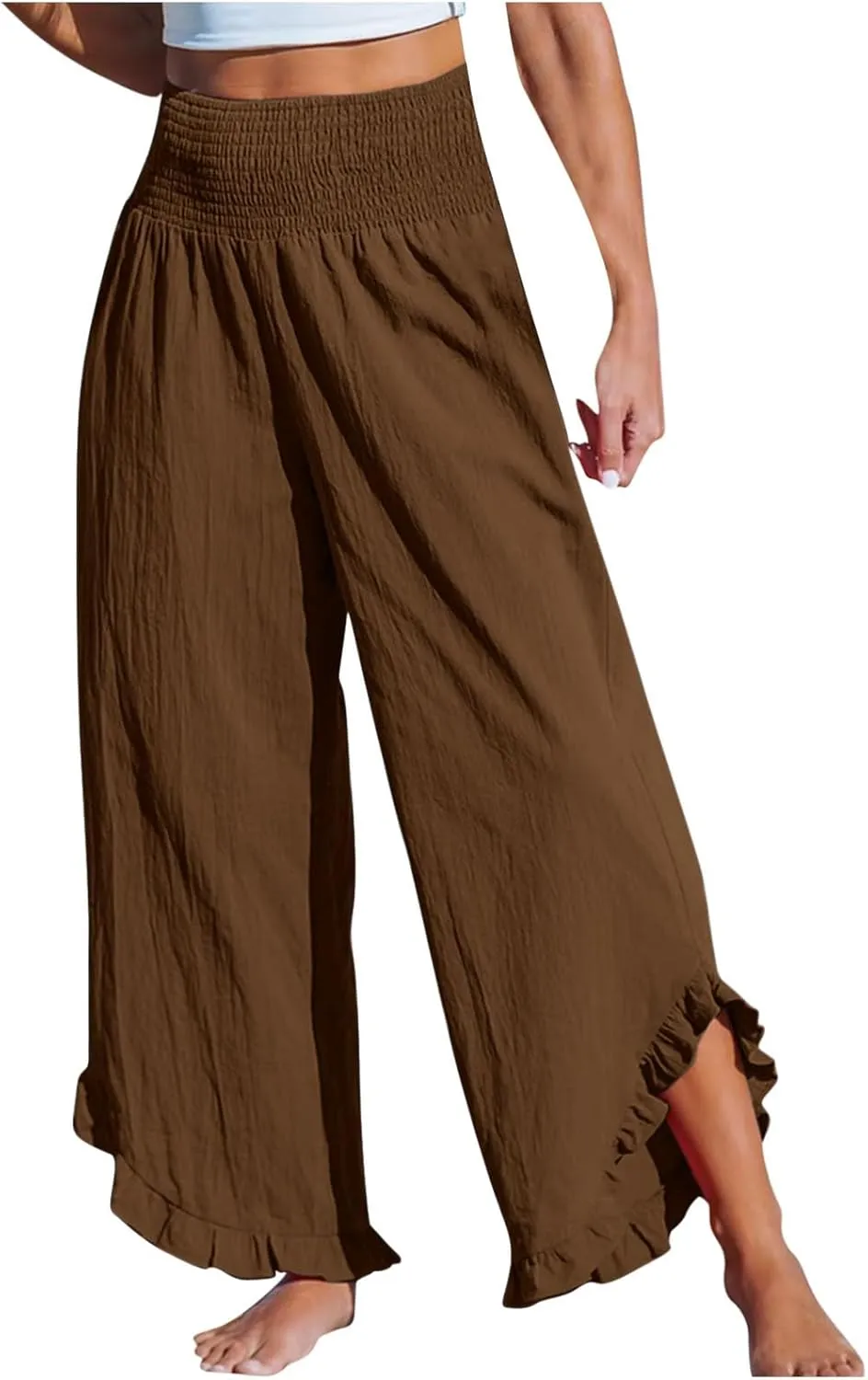 LEMONONSTORE Fashion Women Smocked Paperbag Wide Leg Pants Cute Ruffle Trim Hem Summer Linen Pant Loose Boho Beach Trousers