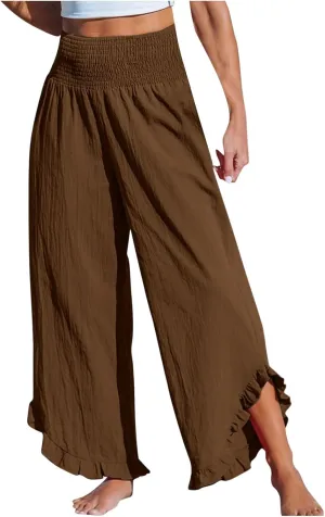 LEMONONSTORE Fashion Women Smocked Paperbag Wide Leg Pants Cute Ruffle Trim Hem Summer Linen Pant Loose Boho Beach Trousers