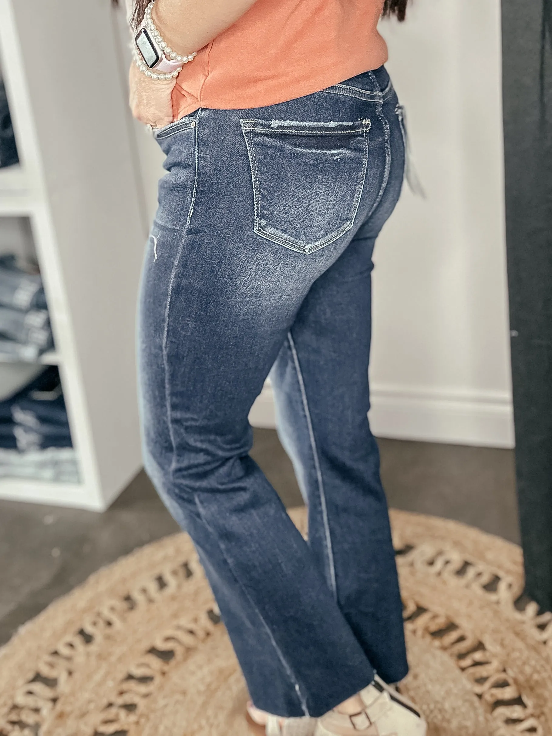 Liam Dark Wash Button Fly Crop Flare