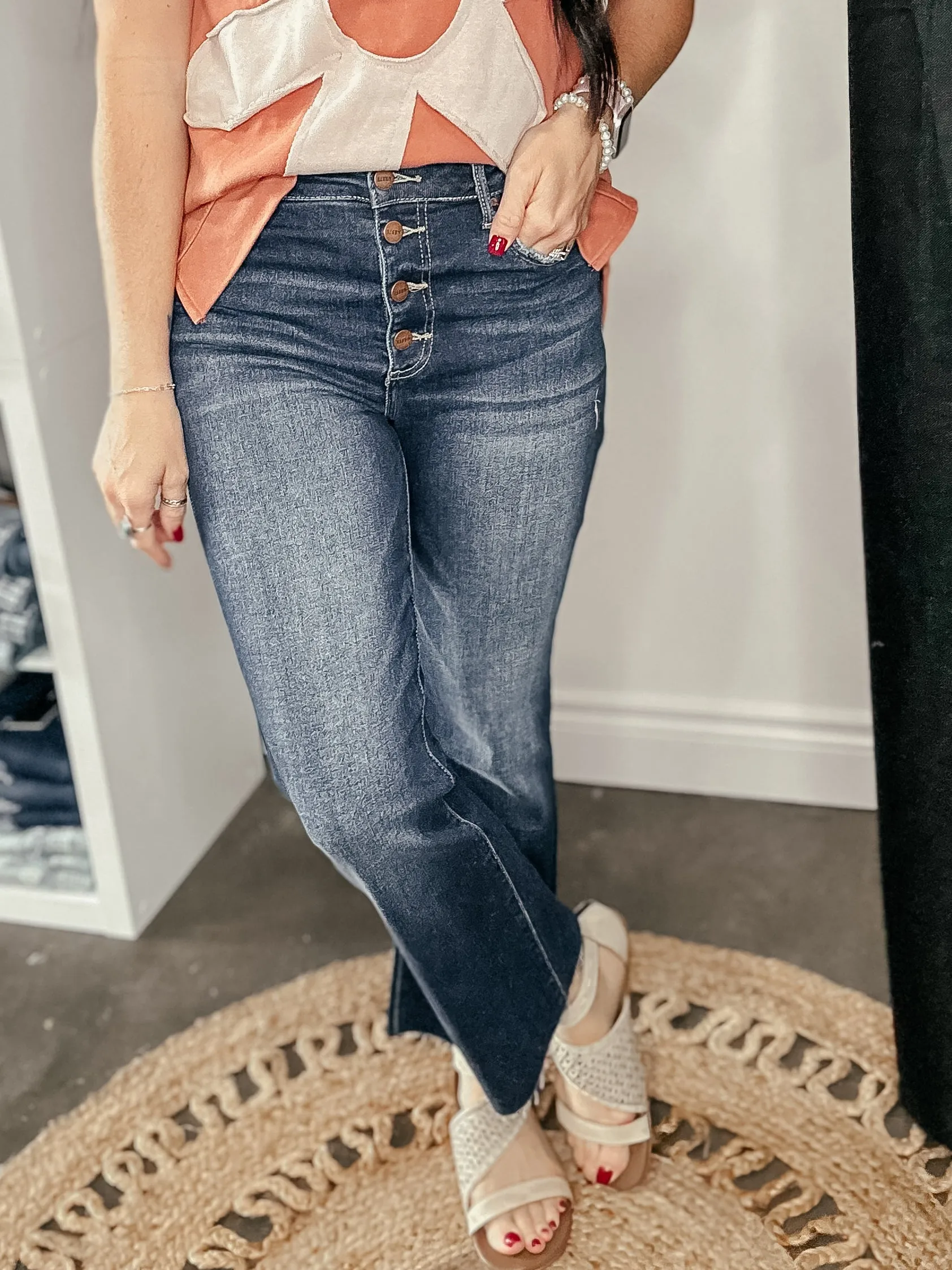 Liam Dark Wash Button Fly Crop Flare