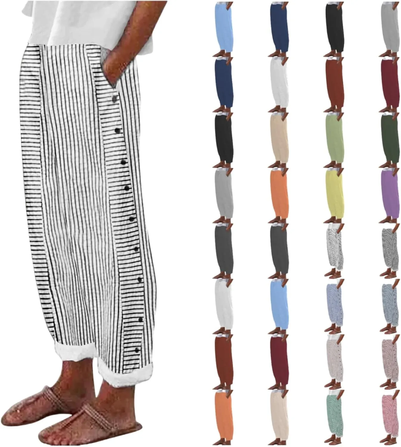 Linen Pants for Women Plus Size Striped Spring Summer Gauze Pants Casual Elastic Waist Comfy Cropped Trousers Trendy