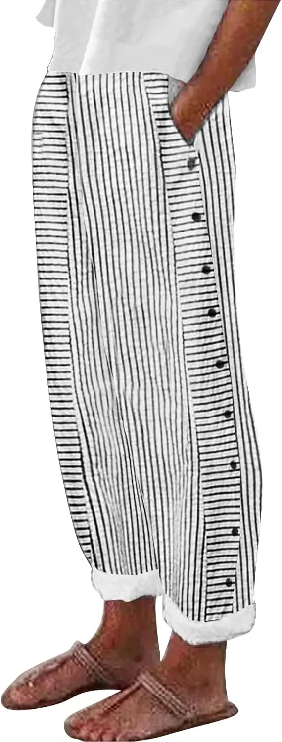 Linen Pants for Women Plus Size Striped Spring Summer Gauze Pants Casual Elastic Waist Comfy Cropped Trousers Trendy
