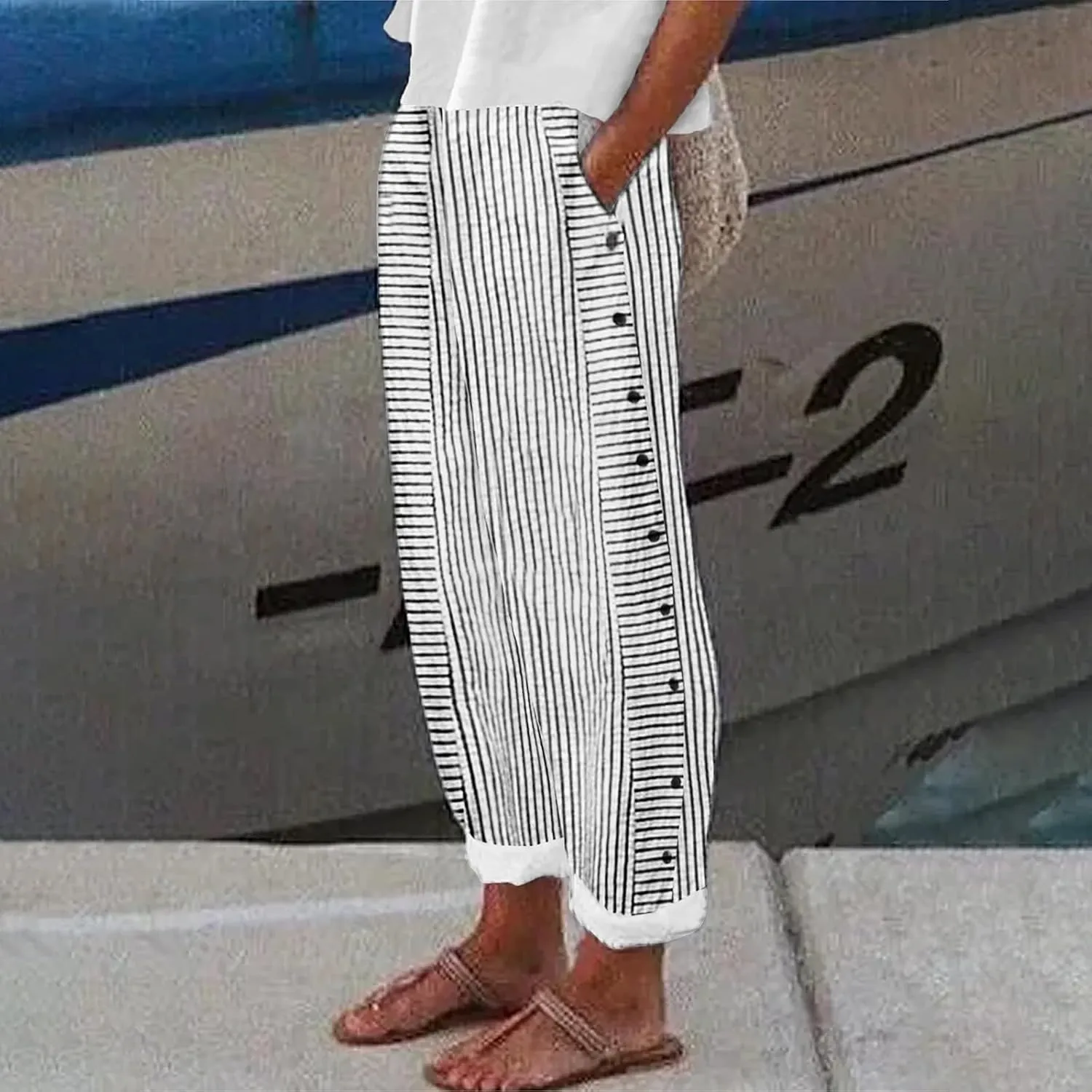 Linen Pants for Women Plus Size Striped Spring Summer Gauze Pants Casual Elastic Waist Comfy Cropped Trousers Trendy