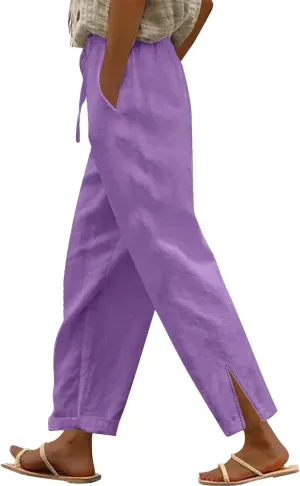 Linen Pants for Women Summer 2025 Elastic Waist Straight Leg Lightweight Pants Vacation Beach Casual Trendy Trousers