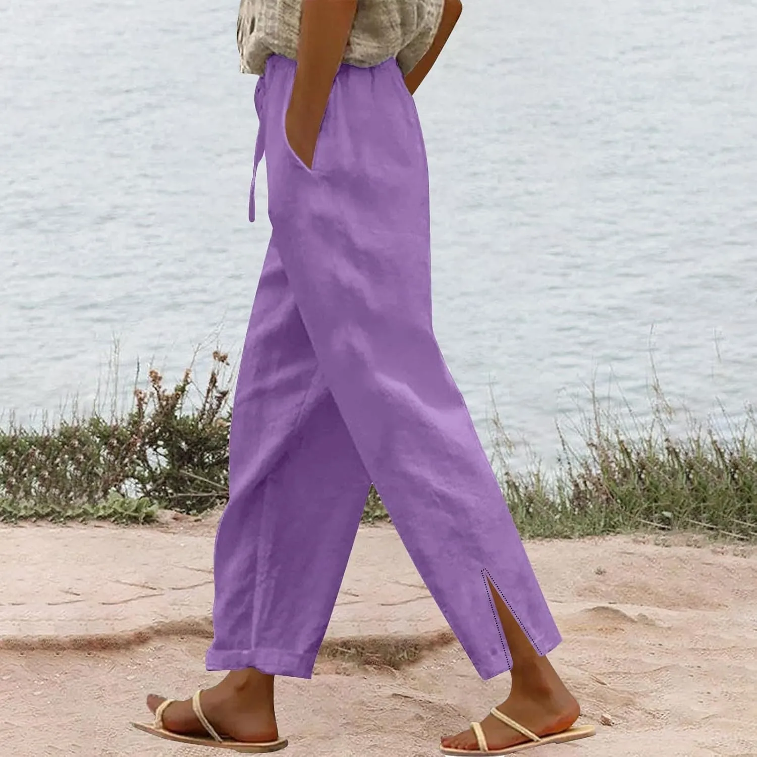 Linen Pants for Women Summer 2025 Elastic Waist Straight Leg Lightweight Pants Vacation Beach Casual Trendy Trousers