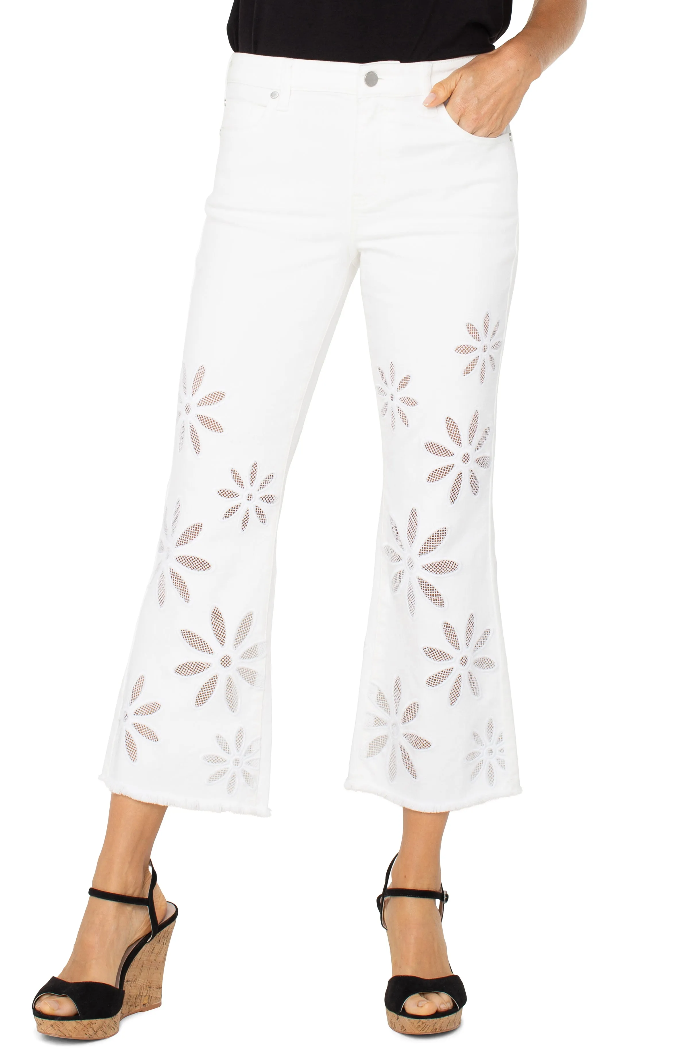 Liverpool Hannah White Daisy Crop Flare Jeans with Fray Hem