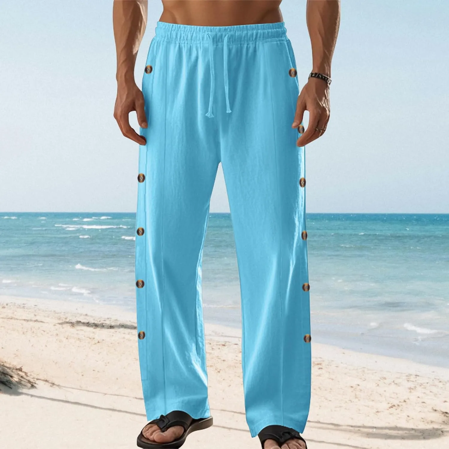 Men's Button Straight Yoga Pants Side Snap Tear Away Pants 2025 Casual Linen Drawstring Baggy Sweatpants with Pockets