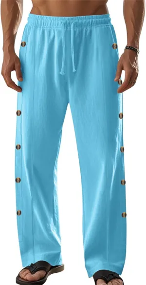 Men's Button Straight Yoga Pants Side Snap Tear Away Pants 2025 Casual Linen Drawstring Baggy Sweatpants with Pockets