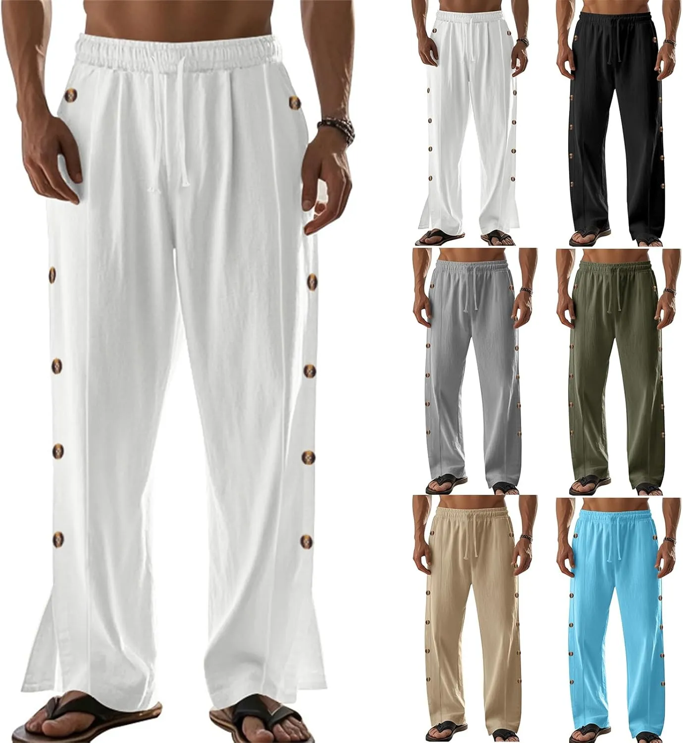 Men's Button Straight Yoga Pants Side Snap Tear Away Pants 2025 Casual Linen Drawstring Baggy Sweatpants with Pockets