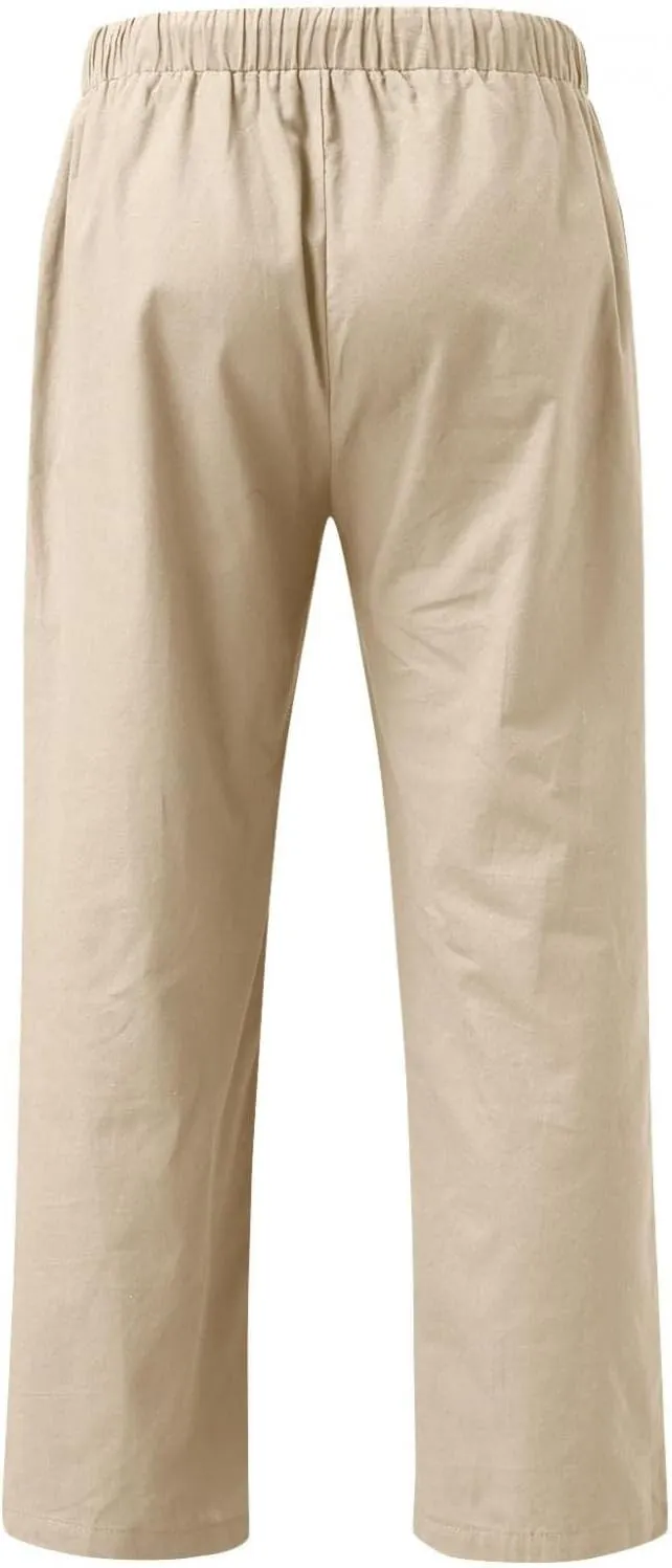 Mens Casual Linen Loose Fit Lightweight Pants Drawstring Summer Beach Yoga Pants Long Trousers