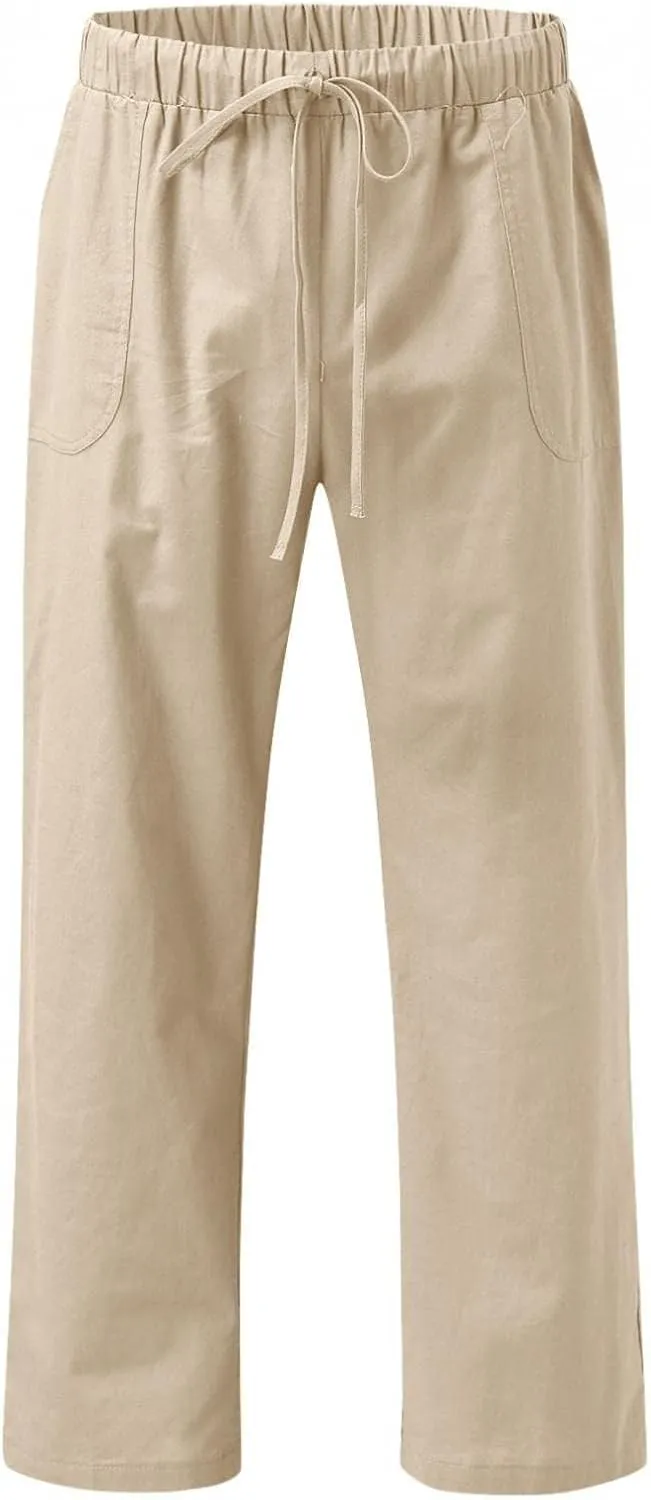 Mens Casual Linen Loose Fit Lightweight Pants Drawstring Summer Beach Yoga Pants Long Trousers