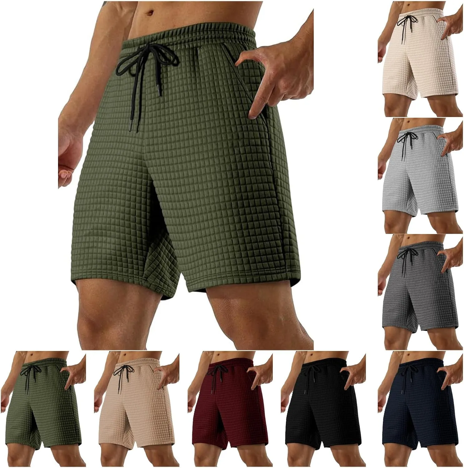 Men's Casual Pants Waffle Elastic Waist Drawstring Workout Running Jogging Summer Beach Sweatpants with Pockets