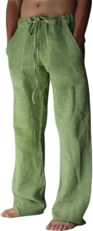 Men's Cotton Linen Drawstring Pants High-Waisted Loose Fit Wide Leg Trousers Breathable Casual Wear with Drawstrings